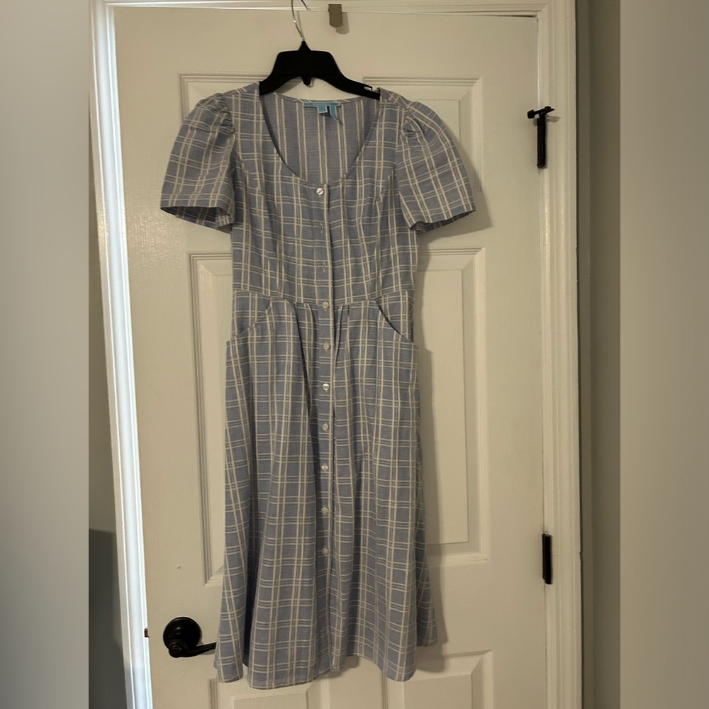 Draper James Blue Plaid Button Up Dress with pockets. Size 0